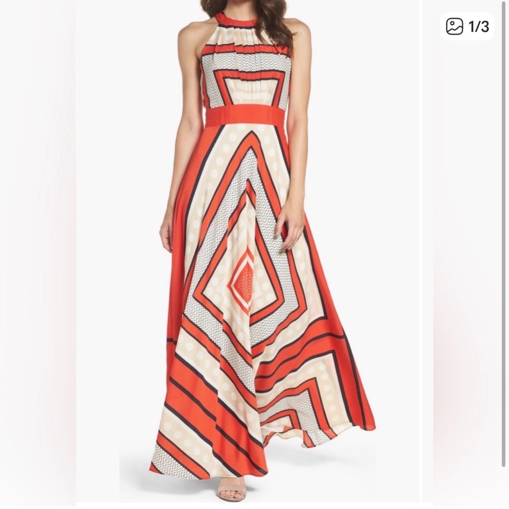 Eliza J Coral and Cream Geometric Halter Maxi Dress
